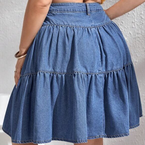BLUE BUTTON FLY RUFFLE HEM TIERED MINI DENIM SKIRT ASIAN 4XL US 20 - Picture 3 of 5